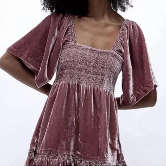 Free People Mauve Velvet Easy To Love Babydoll Flare Sleeve Tiered Mini Dress M - Picture 1 of 6
